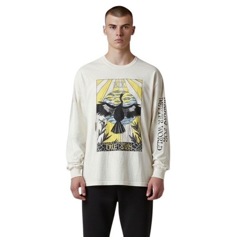 Bird Collective The Sun Graphic Long Sleeve T Shirt Mens 2XL Cream Brooklyn